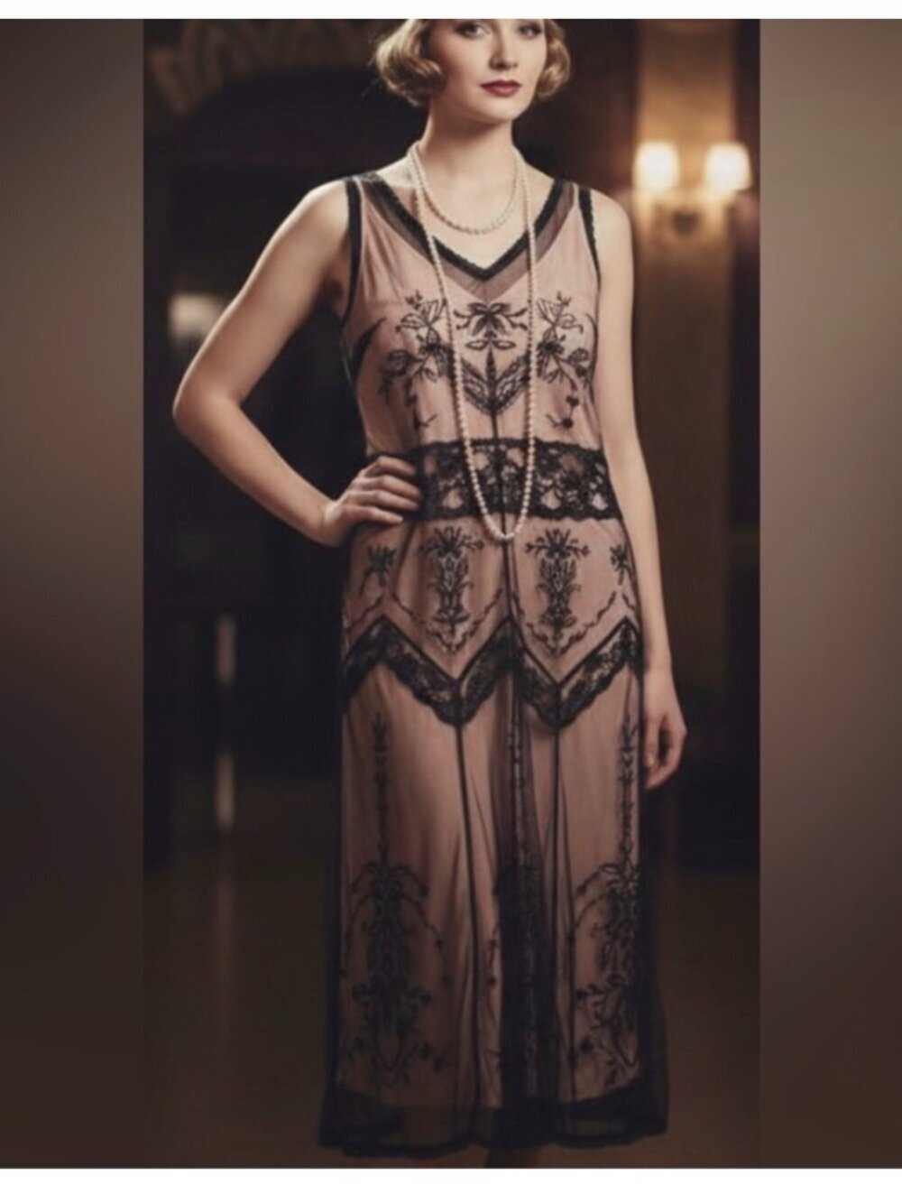 Newport News Pink with Black Lace Overlay Flapper Dress, Size 4